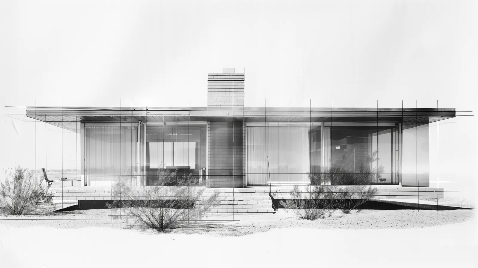 x-ray style render of a modern glass house in the desert